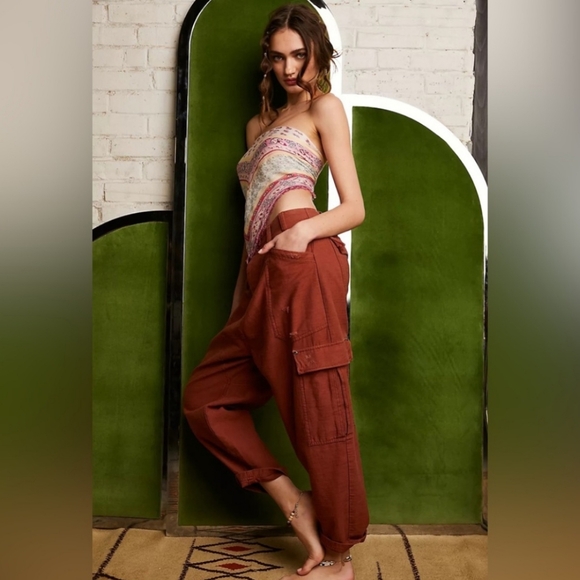Free People Small Rust Orange Distressed Baggy Pants Womens Buttons Barrel Loose - Picture 9 of 16